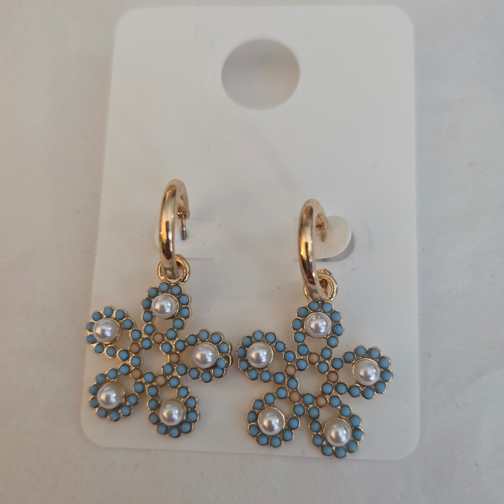 Southern Chic Blue Floral Faux Pearl Goldtone Hoop Dangle Earrings NWT